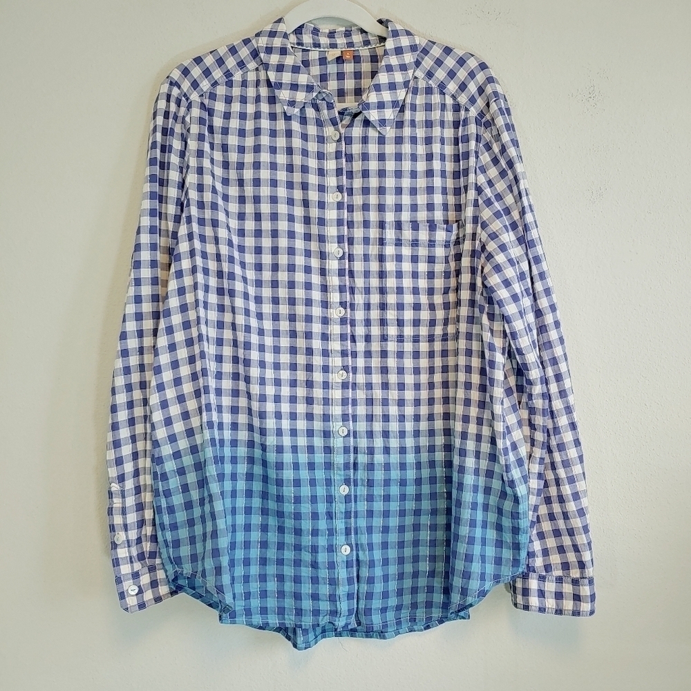 Pilcro Anthropologie Deb Relaxed Ombre Gingham Button Up Blouse Sz XL Casual